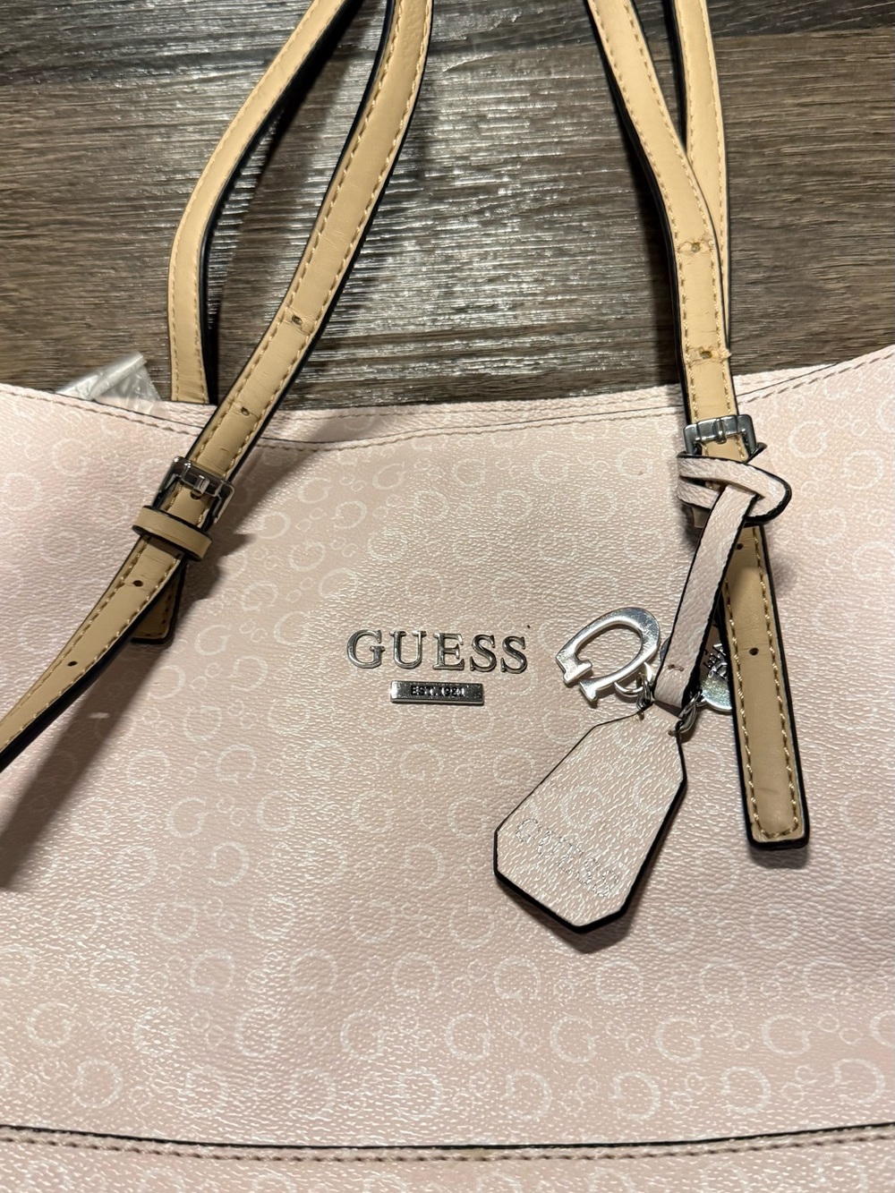 GUESS Pink Tote Bag with Tan Handles - Picture 5 of 9